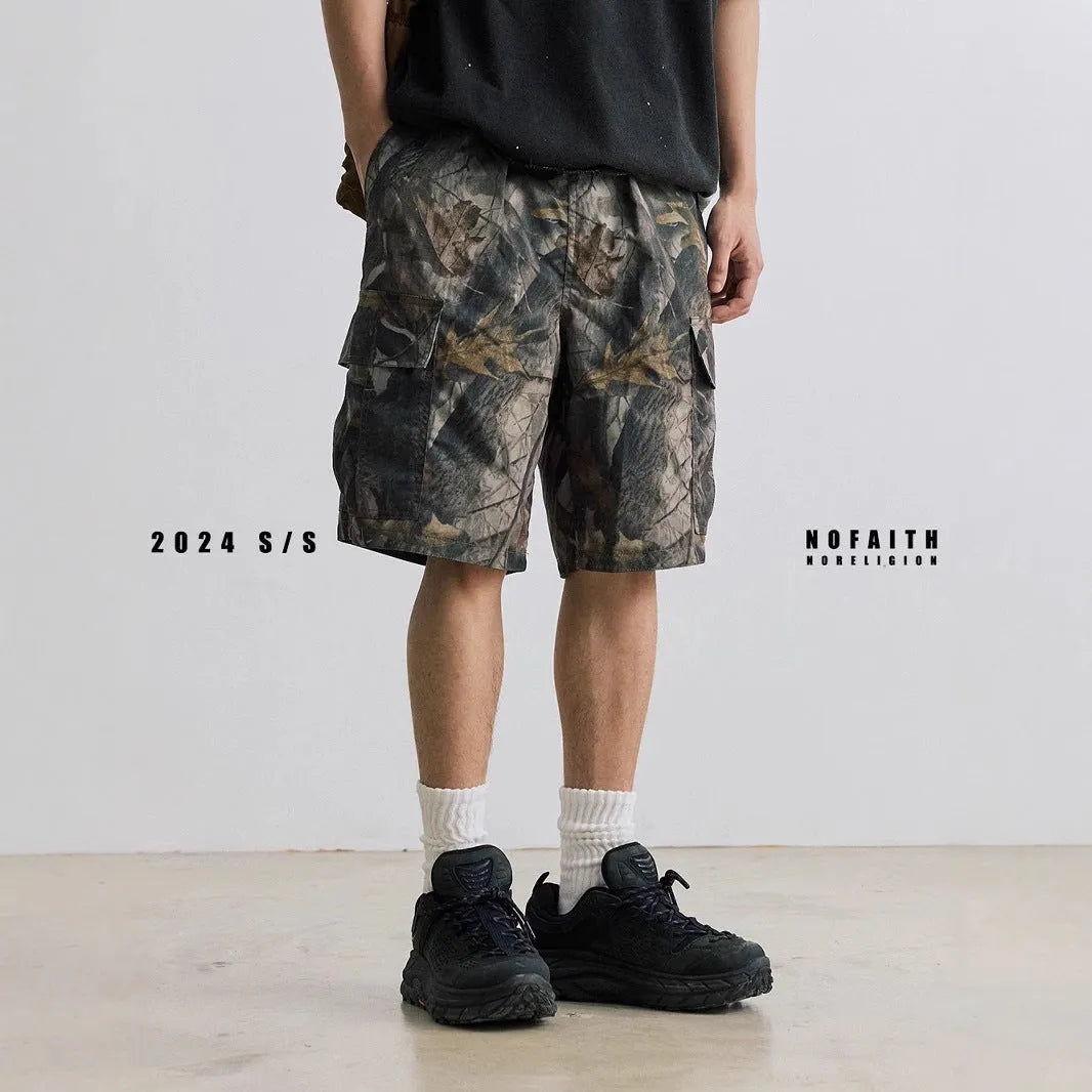Loose fit straight-leg denim shorts for teenagers in army green colour.