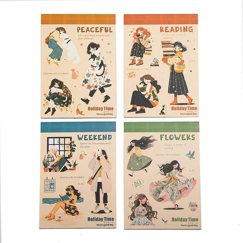 Double material retro sticker book with character landscape scenes quiet reading time planting small pot plant holiday live healing time