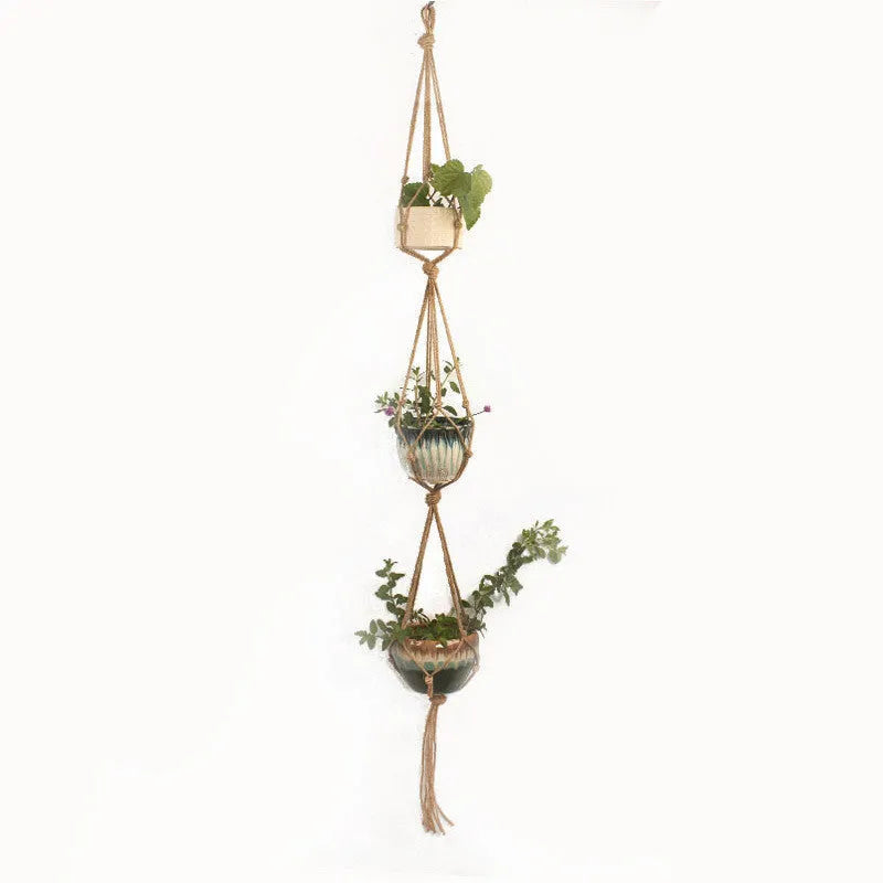 Woven wire cotton rope macramé plant hanger in a European village style, shown as a desktop, wall-mounted, and hanging basin.