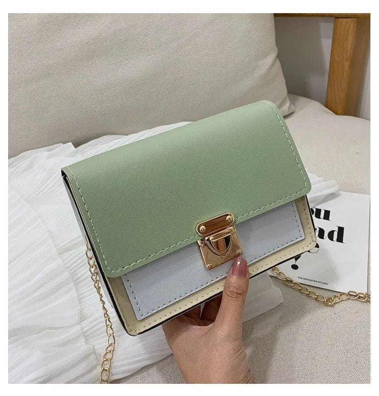 Women's PU leather small square messenger bag in beige with chain strap, 17x13x6cm.