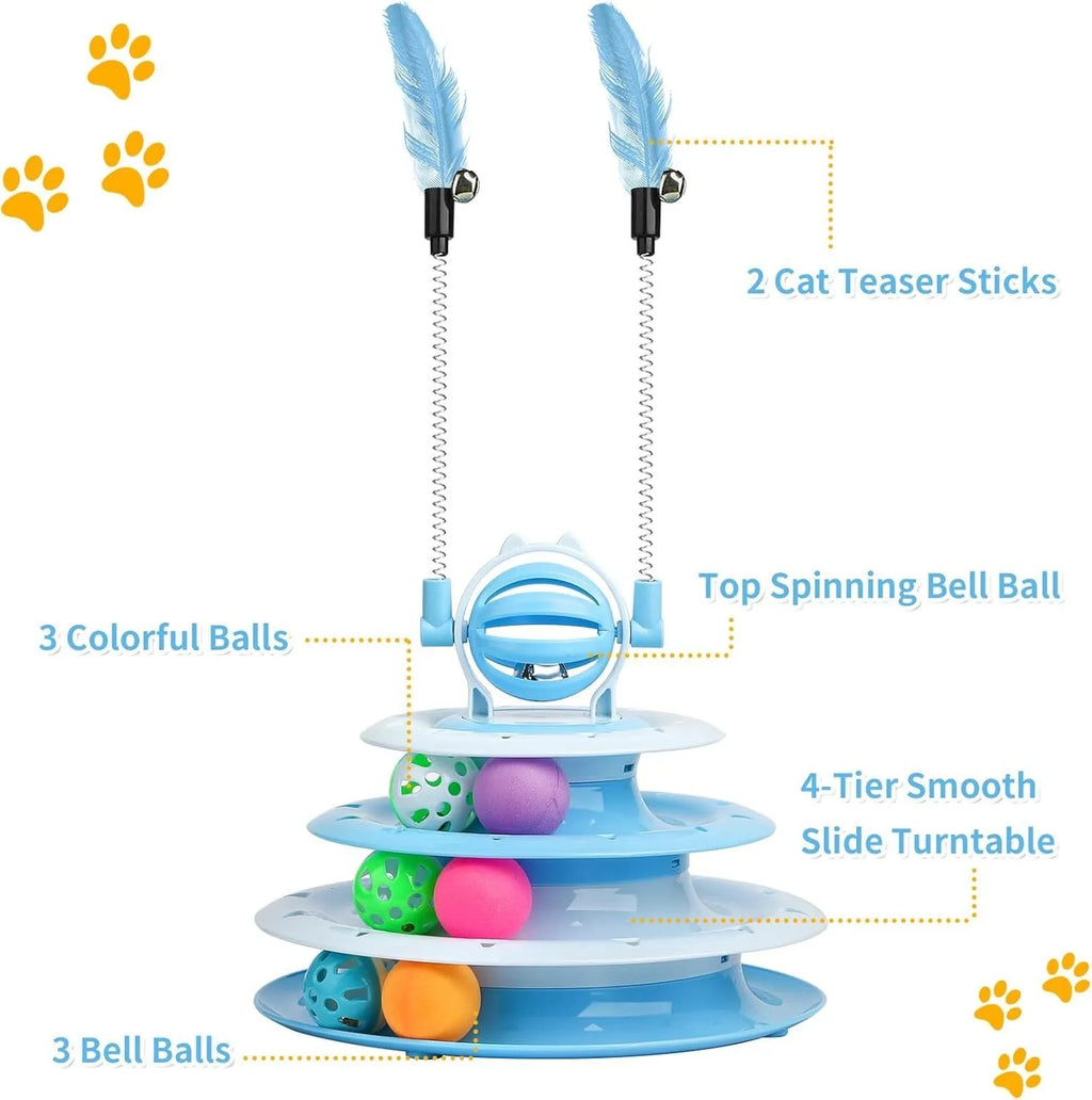 Interactive four-tier carousel cat toy with colourful balls and teasing rods on a non-slip base.