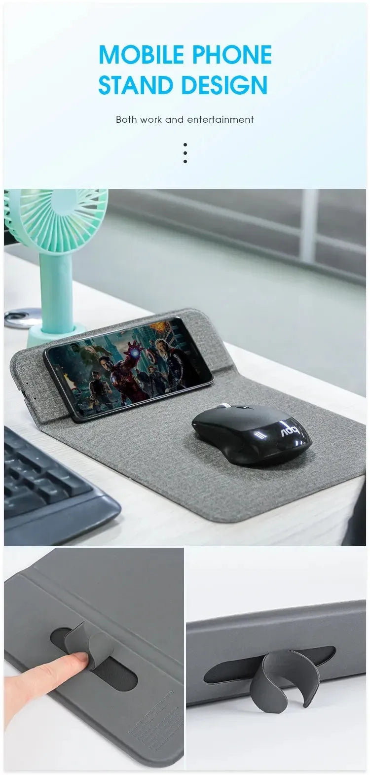 Foldable fabric phone holder for wireless charging shown open and closed