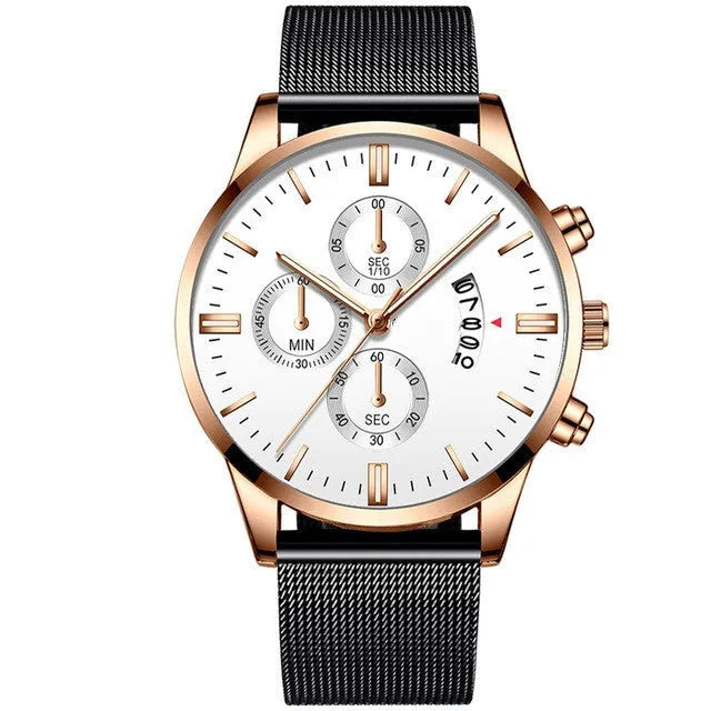 Men's stainless steel mesh band quartz watch with analog display in multiple colour options