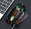 Thunder Wolf V9 black wired gaming mouse showing six buttons and ergonomic shape on mouse pad