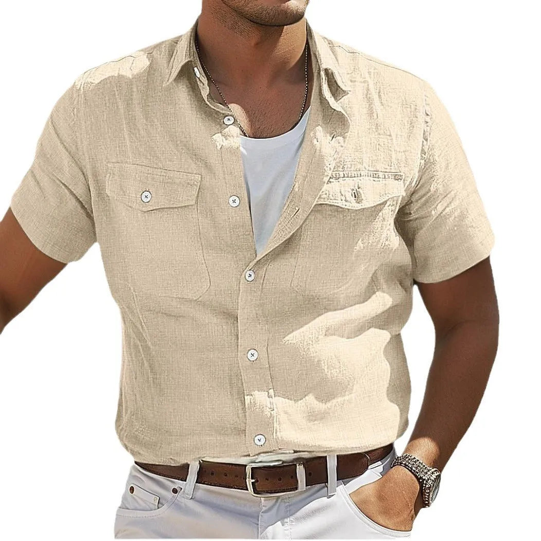 Men's solid colour cotton linen shirt with polo collar and long sleeves in loose fit.