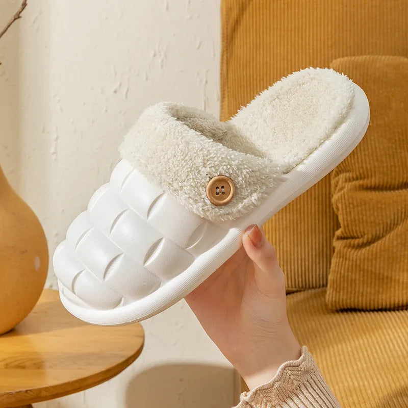 Women's pink detachable sole plush house slipper with round toe and flat heel