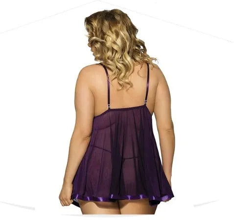 Women's purple seamless lace mesh sleepdress lingerie for plus sizes, shown on a hanger.