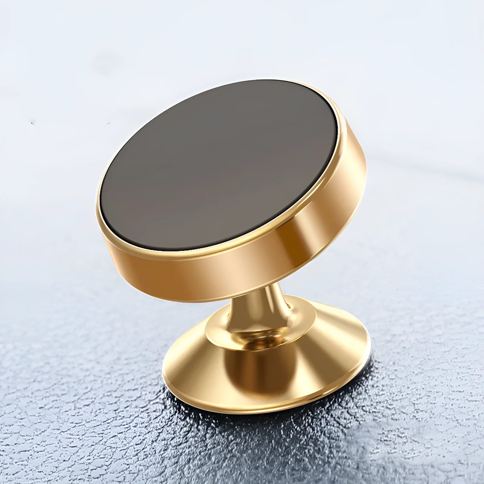 Magnetic car phone holder in aluminium alloy with CD-texture finish showing black, gold and silver colour options