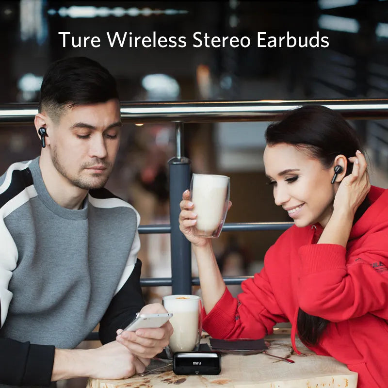 Black and white TWS wireless headset with Bluetooth 5.0 and IPX5 waterproof rating