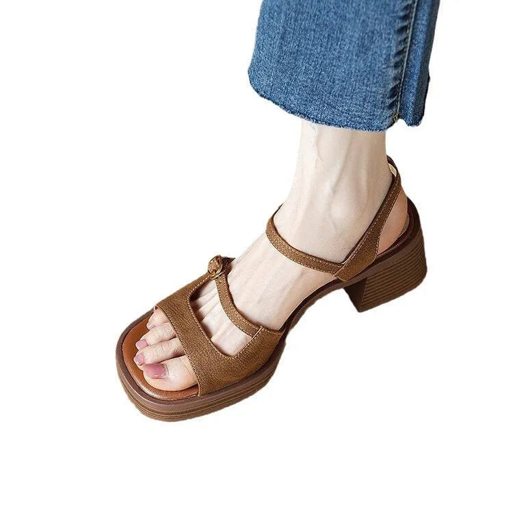 Women's retro platform sandals with open toe square toe design in milky white colour