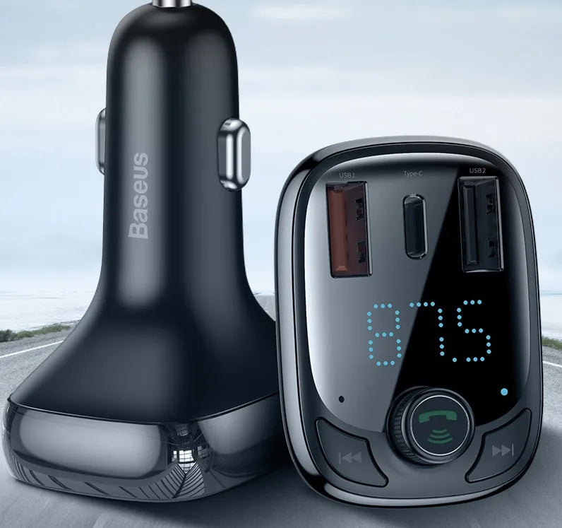 Black car charger with anti-slip shrapnel for hands-free calling and dual device connection