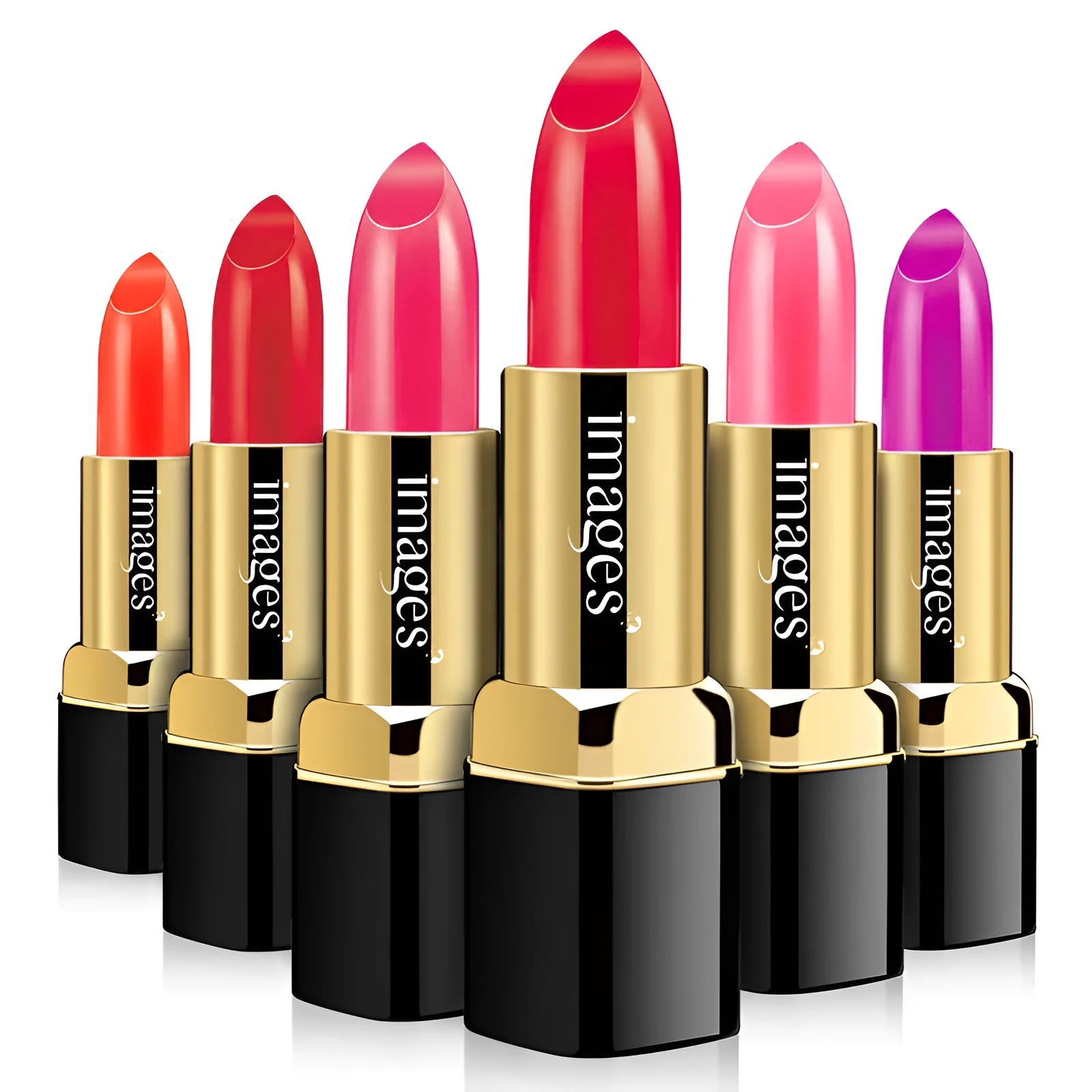 Lipstick lip gloss tube showing colour range including coral red, classic red, and babie pink shades