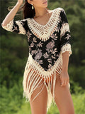 Women's white V-neck sun protection shirt with hollow-out sleeves for beach activities