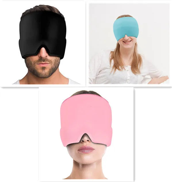 Black elastic cloth gel eye mask for headache relief measuring 22cm by 17cm