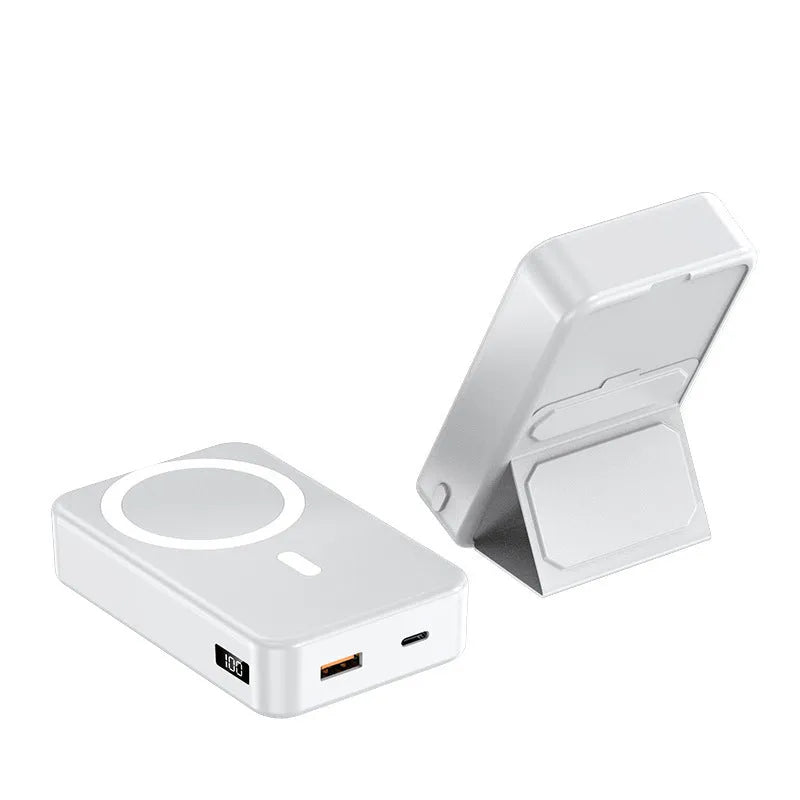 Magnetic wireless charging power bank with folding stand in pearl white colour.