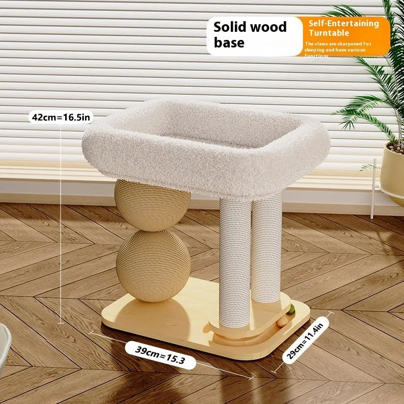 Pine wood cat nest with two columns holding chamfered balls and a central resting platform.