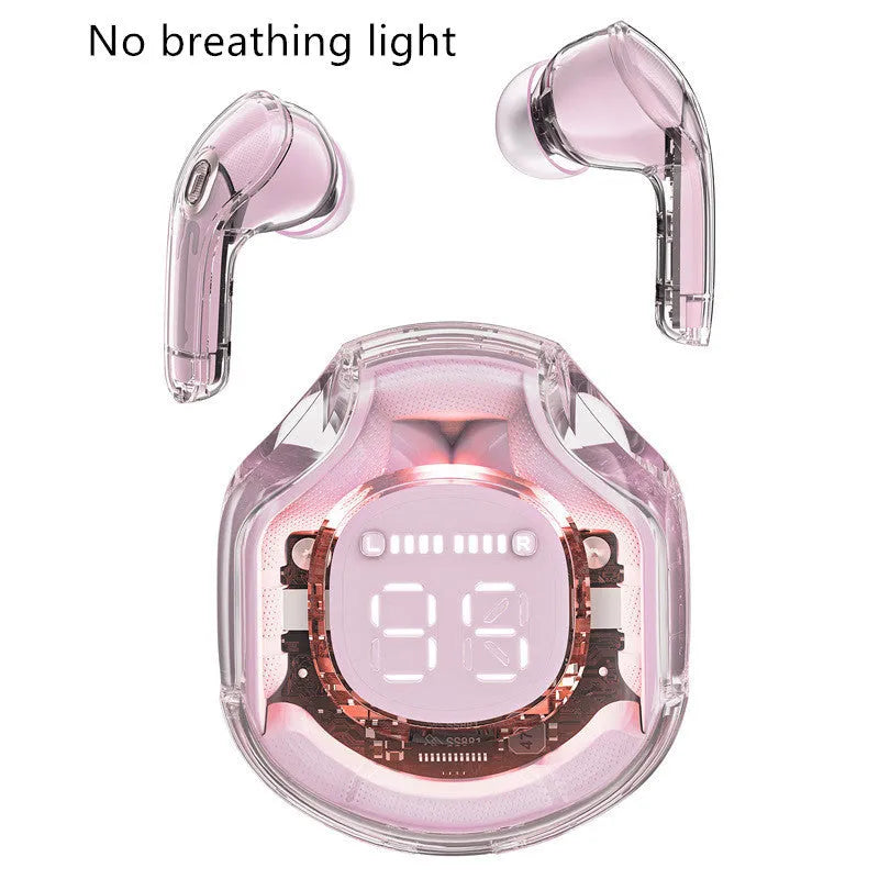 Transparent wireless Bluetooth headset with in-ear design in white, black, pink, sky blue or violet colours