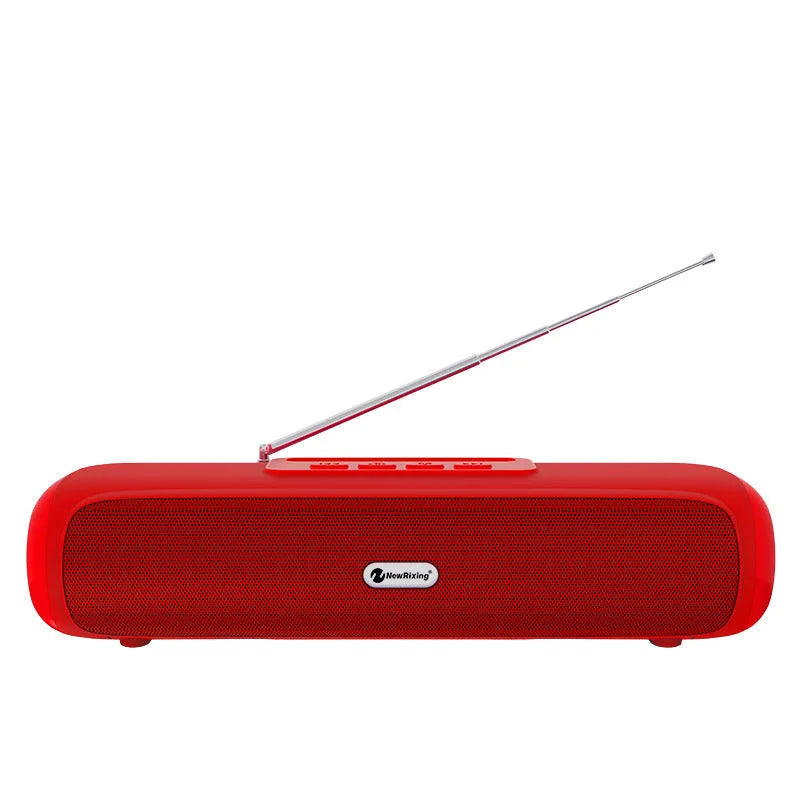 Long strip wireless desktop subwoofer speaker in black, showing Bluetooth and FM radio functions.