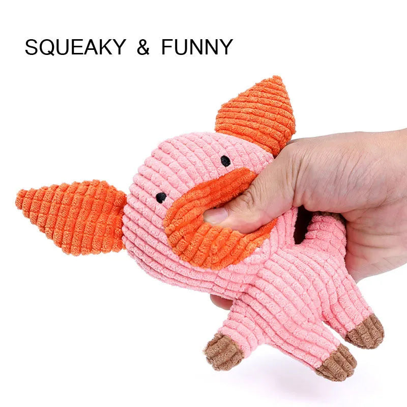 Cute animal shaped plush dog chew toy with squeaker in multiple colour options
