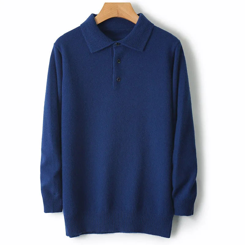 Men's wool polo collar pullover sweater in noble blue colour, showing long sleeves and collar detail.