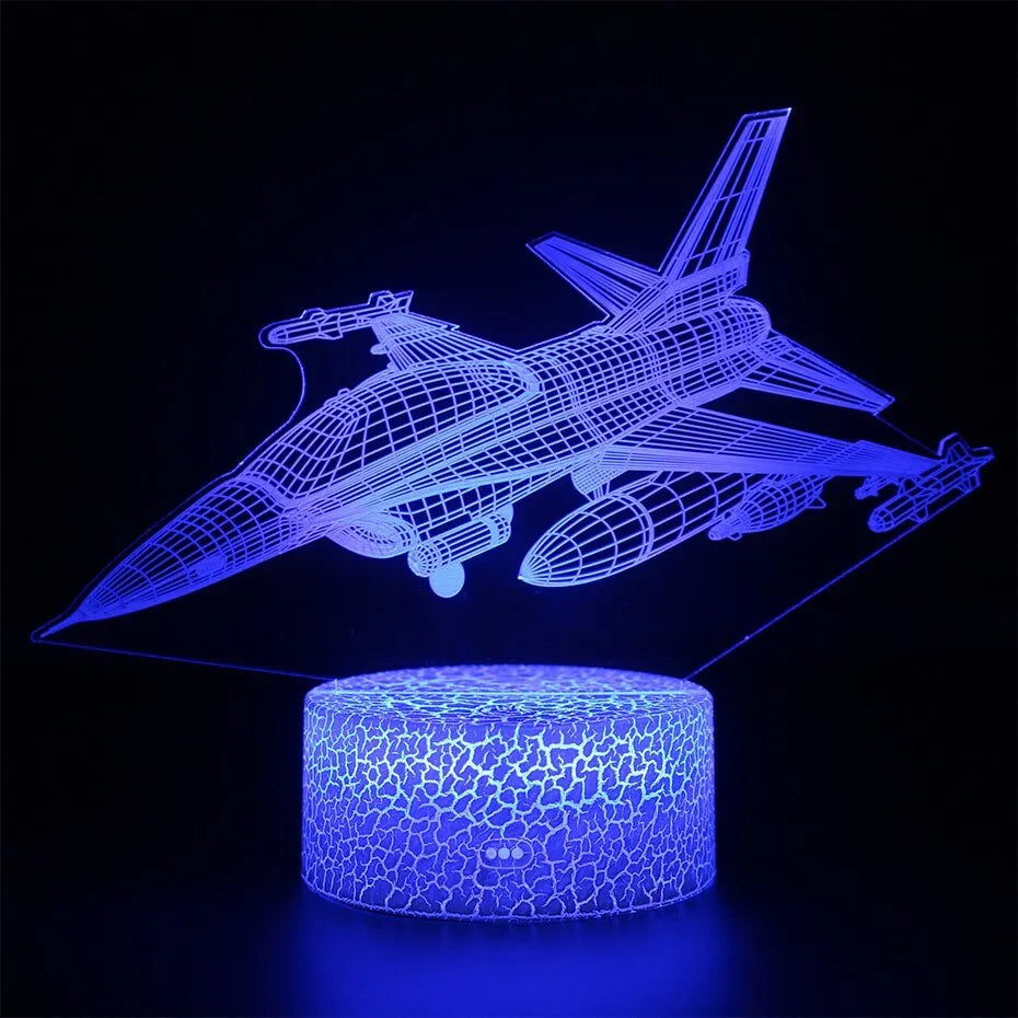 Cartoon aeroplane-shaped white night light with LED illumination and a touch-sensitive base.