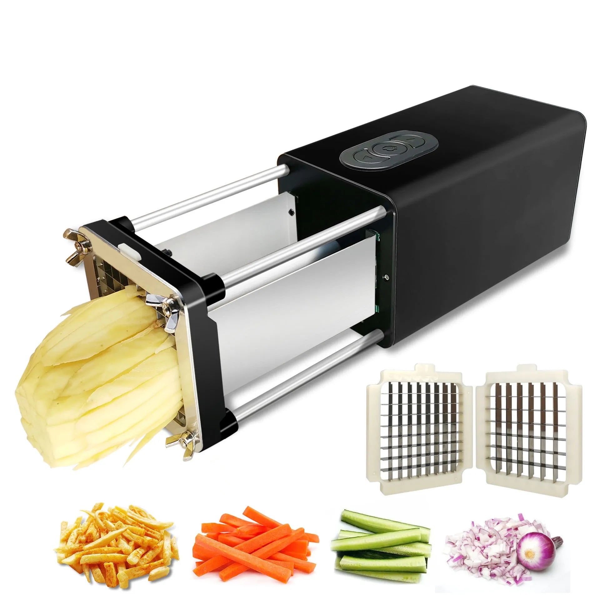 Electric French fry cutter stainless steel with two blades and black body, cutting potatoes and carrots.
