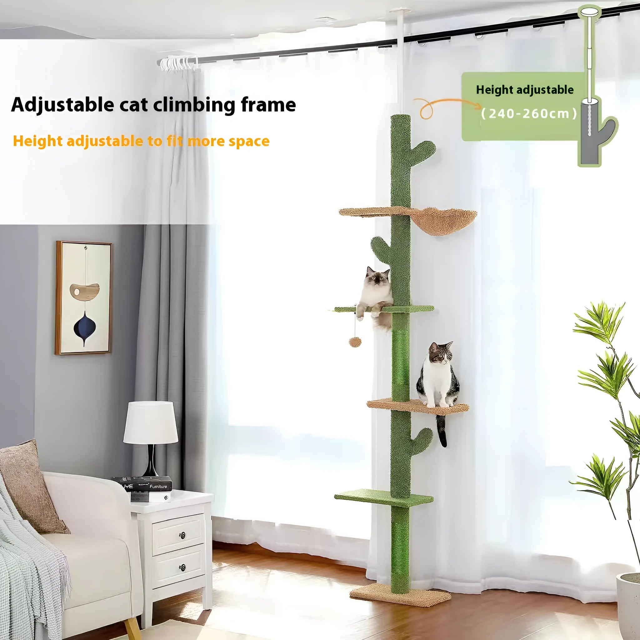 Tall solid wood cat climbing frame with integrated scratch board, cat nest, and hanging toy