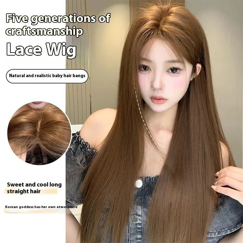 Warm brown lace front wig with centre-parted bangs and long straight hairstyle