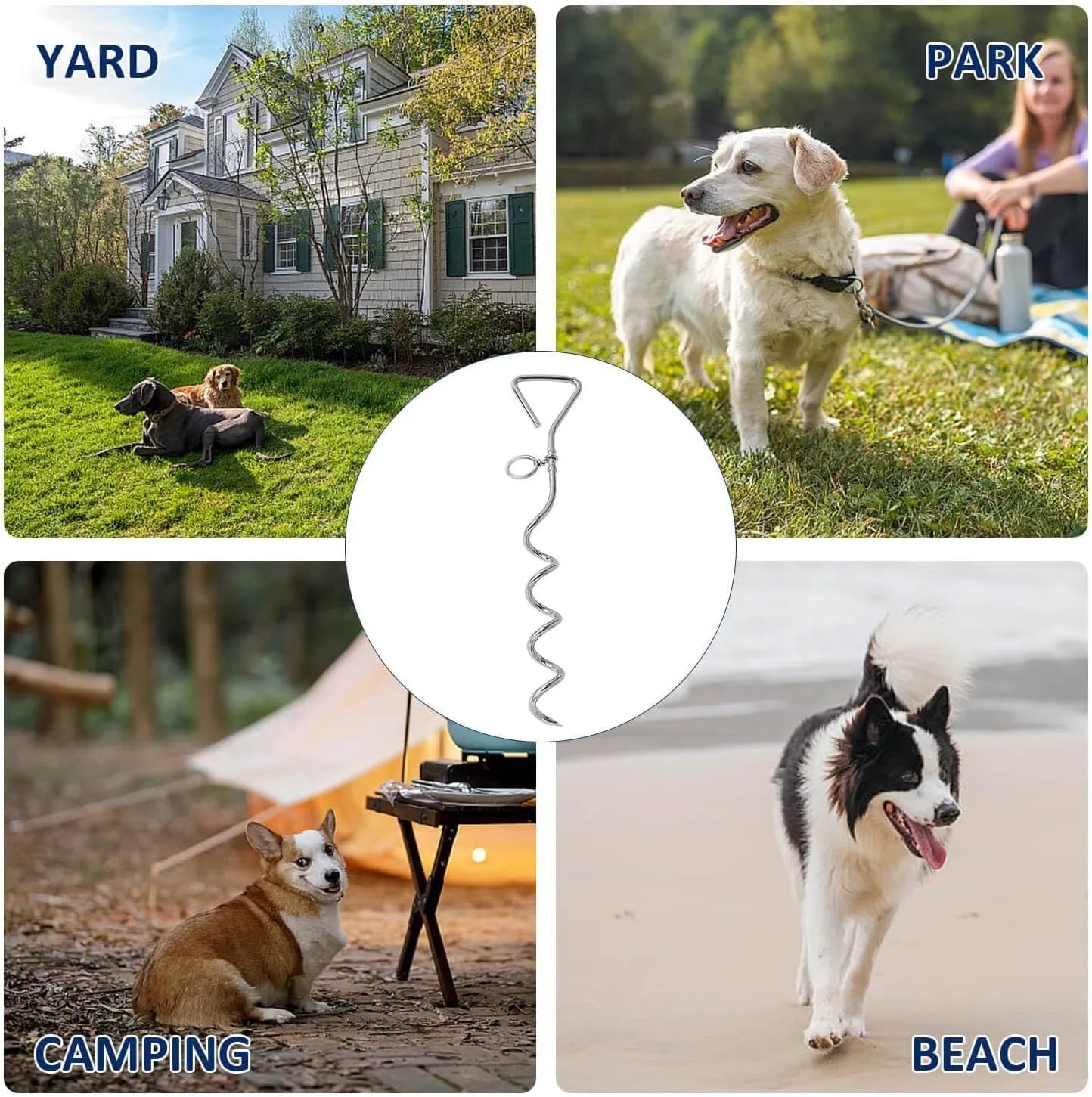 Heavy duty silver spiral dog tie out stake anchor for secure outdoor tethering