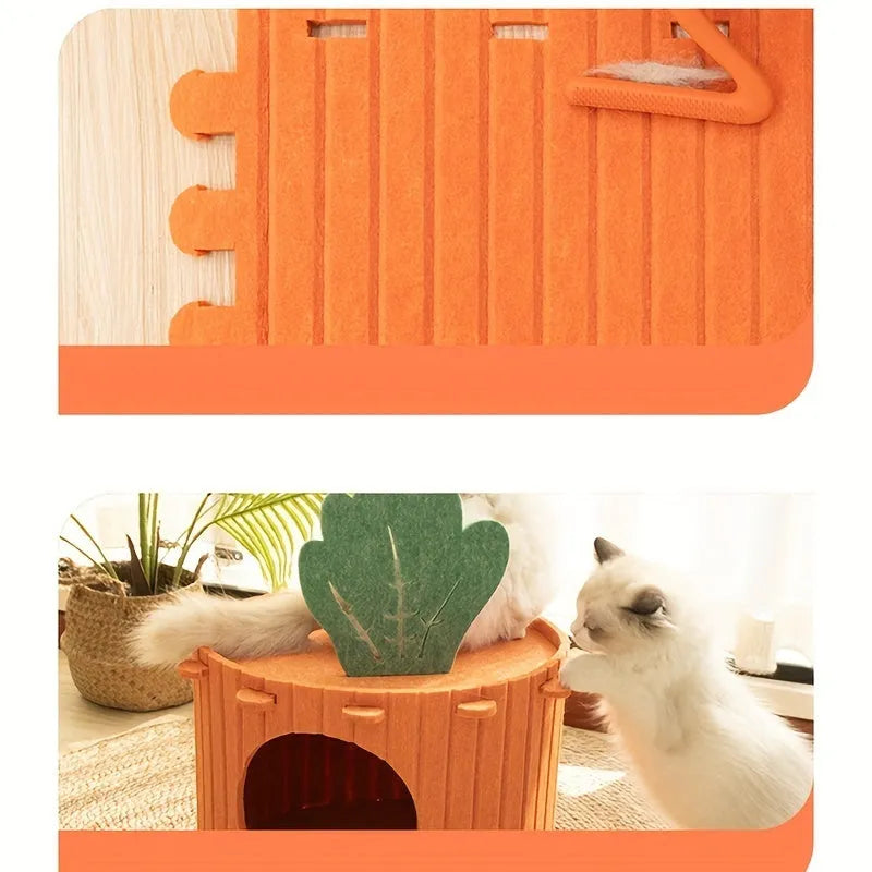 Carrot-shaped grey felt cat tunnel nest for cats, shown in a semi-enclosed design.