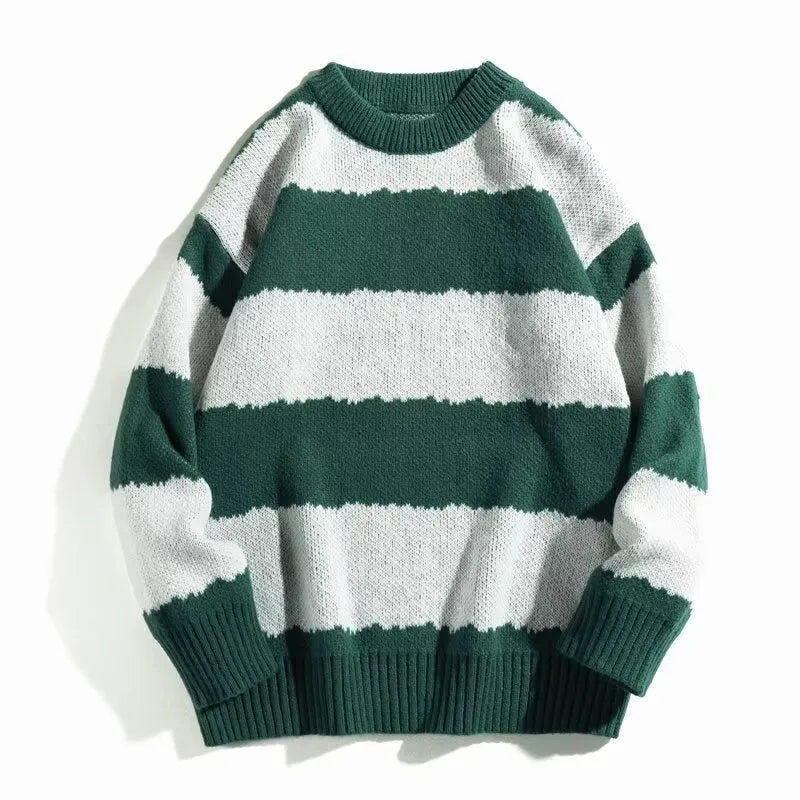 Men's winter contrast stripe round neck pullover sweater in loose fit, polyester blend, colour 2307 Black