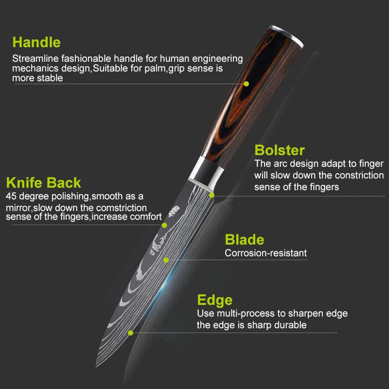 Chef knife with laser Damascus pattern blade, colour steel handle, showing 18cm blade length