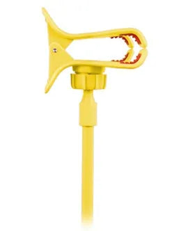Black portable phone holder with a long flexible arm and a V-shaped clip, extended on a bedside table.