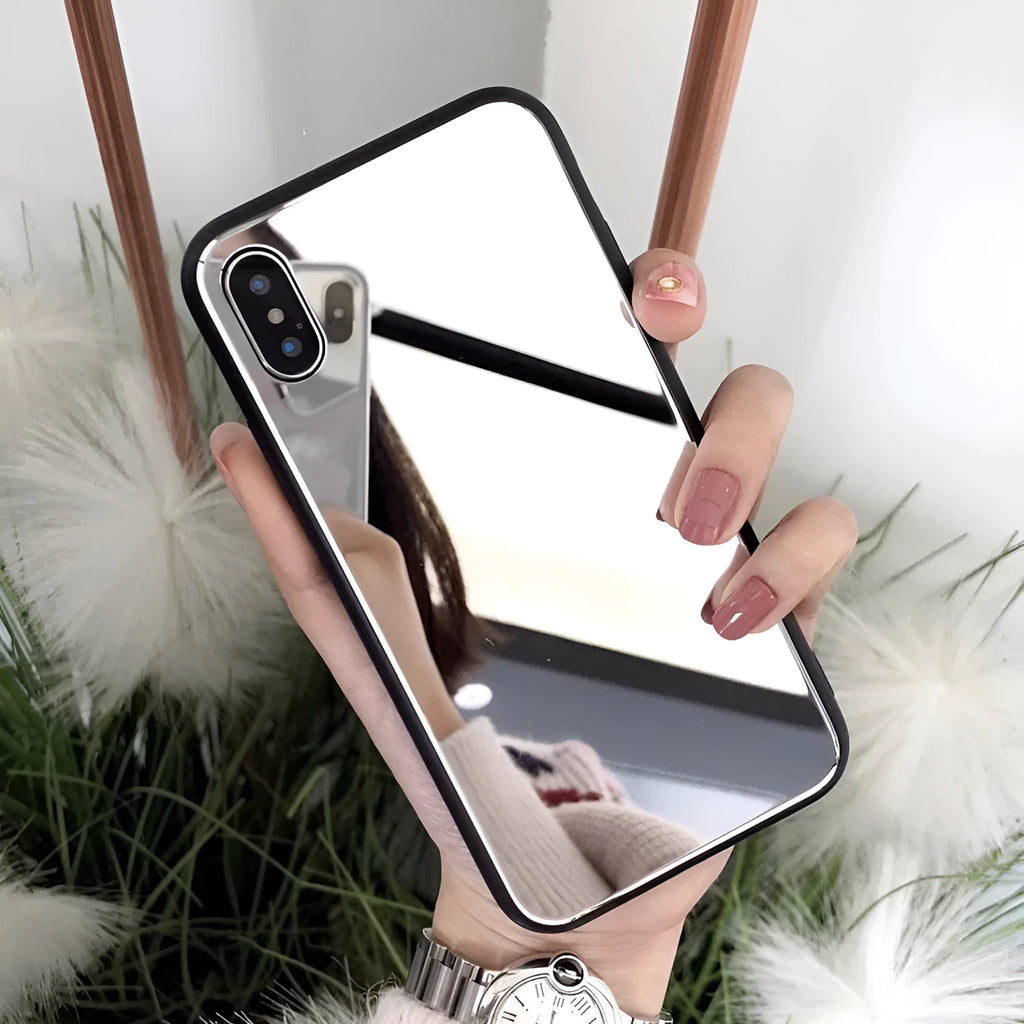 Black iPhone case with a built-in mirror on the back, compatible with iPhone X, 7, and 8 Plus models.