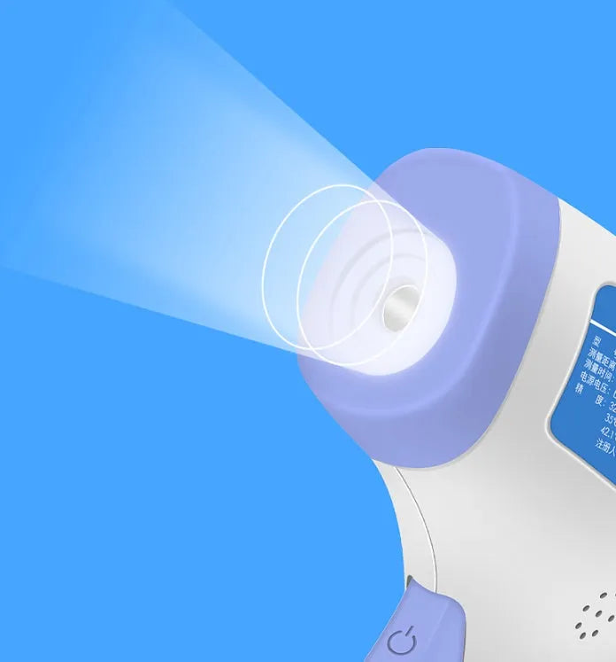 White RAK-FI03 infrared forehead thermometer held near a child's forehead showing non-contact measurement