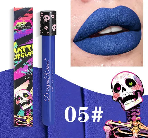 Halloween skull test tube containing gold and silver matte lip gloss for waterproof costume makeup.