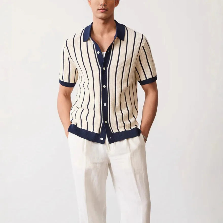 Men's white British style asymmetric lapel knitted top with stripe pattern and ice silk fabric