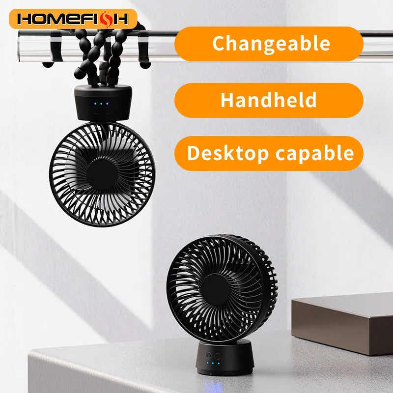 HOMEFISH F2 portable fan with automatic head shake, LED light, and removable mounting bracket.