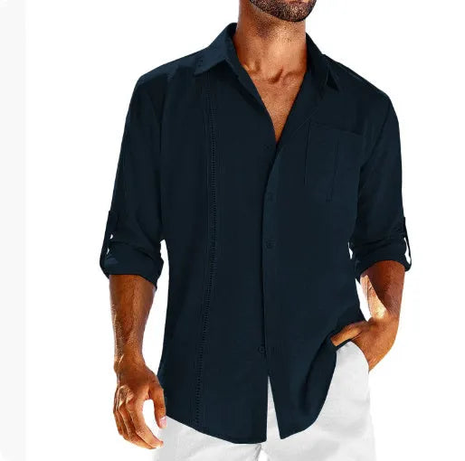 Men's grey long sleeve casual shirt with lace detail on polo collar and a chest pocket.