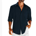 Men's grey long sleeve casual shirt with lace detail on polo collar and a chest pocket.