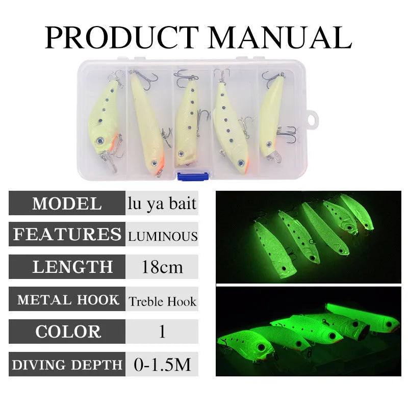 Five 3D fluorescent hard bait fishing lures in mixed colours showing fish-shaped design and treble hooks