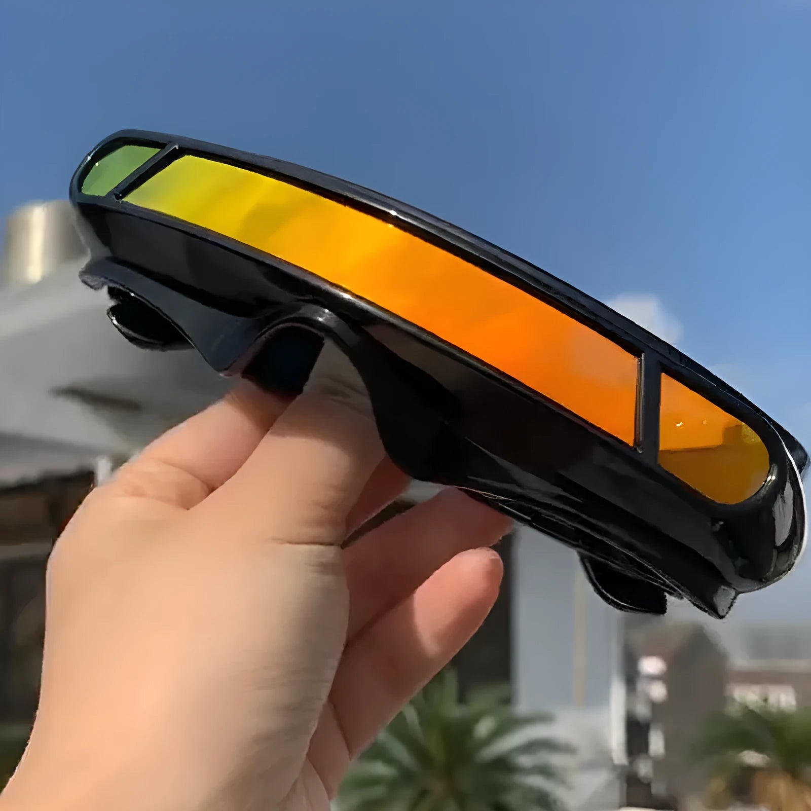 Black full rim polarised sports sunglasses shown with blue mercury tint lenses.