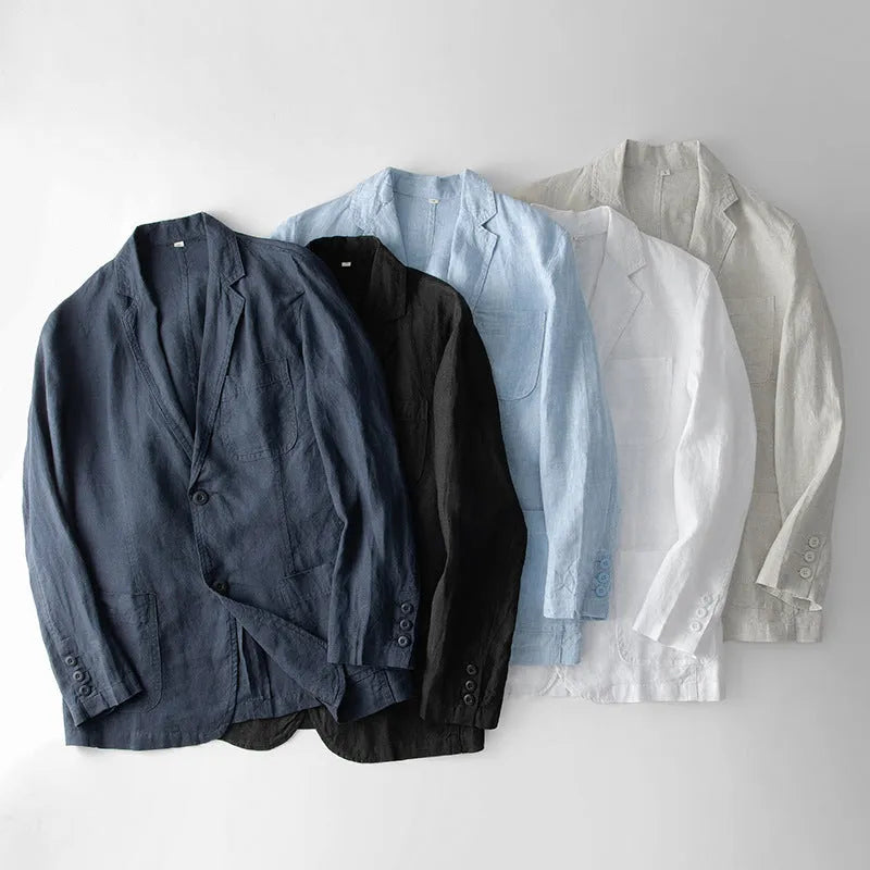 Men's loose fit linen casual blazer jacket on a hanger, shown in a solid colour.