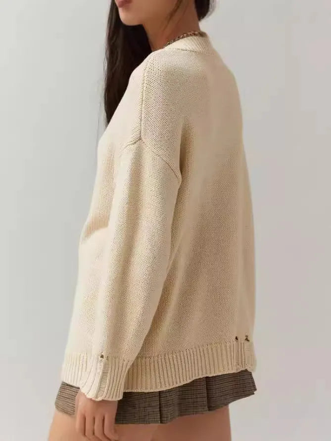 Women's loose-fitting acrylic sweater with jacquard detailing in milky white beige colour