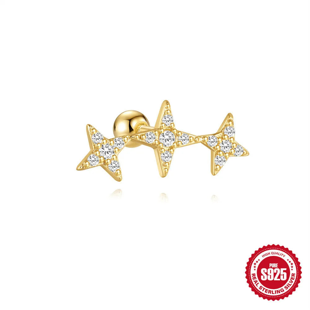 S925 sterling silver red earrings with square gravel studs and golden electroplated finish