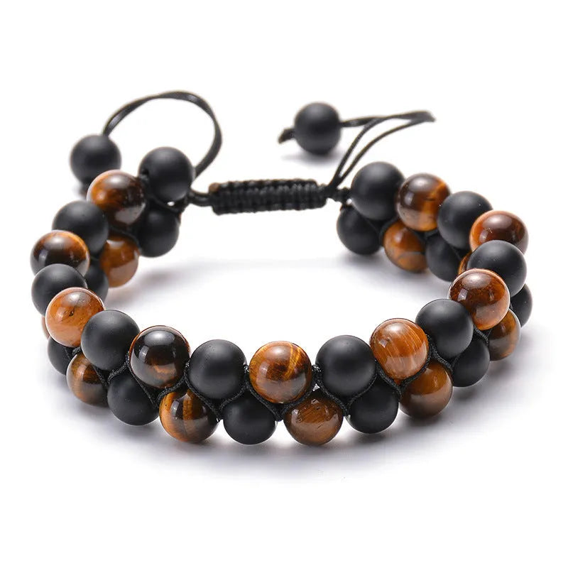 Geometric matte black agate couple bracelets with tiger eye beads, shown as a matching set.