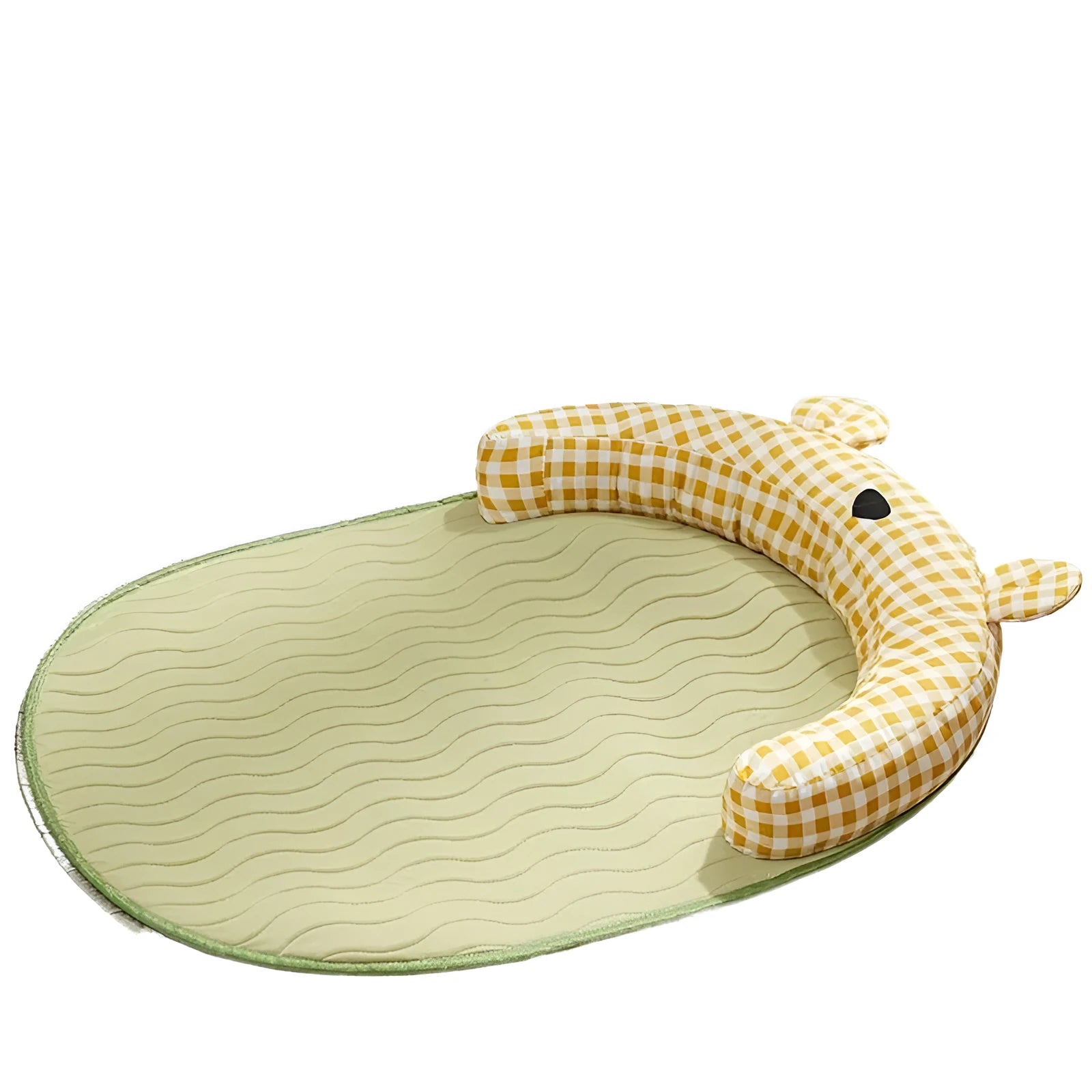 Green and yellow four-season dog and cat bed mattress ice pad shown in four different sizes.