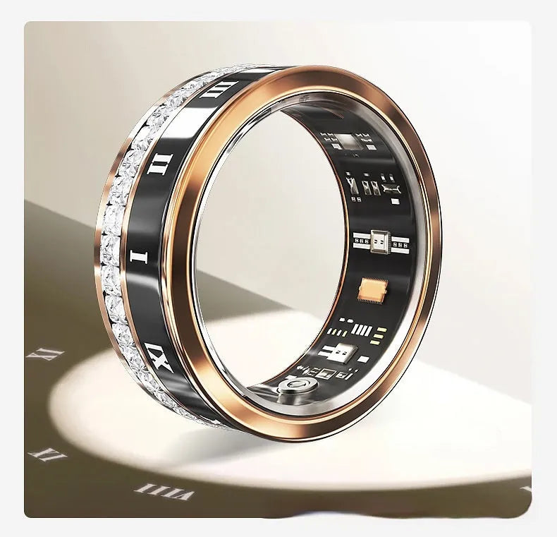 Diamond inlaid smart ring in silver and gold colours showing health monitoring technology integrated into jewellery design
