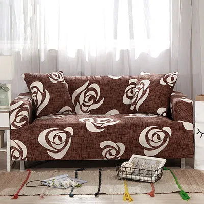 Geometric patterned stretch sofa slipcover fitted on a modern two-seater sofa.