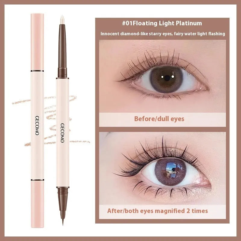 Double-headed silkworm pen eyeliner with pearlescent floating platinum and nude apricot colours